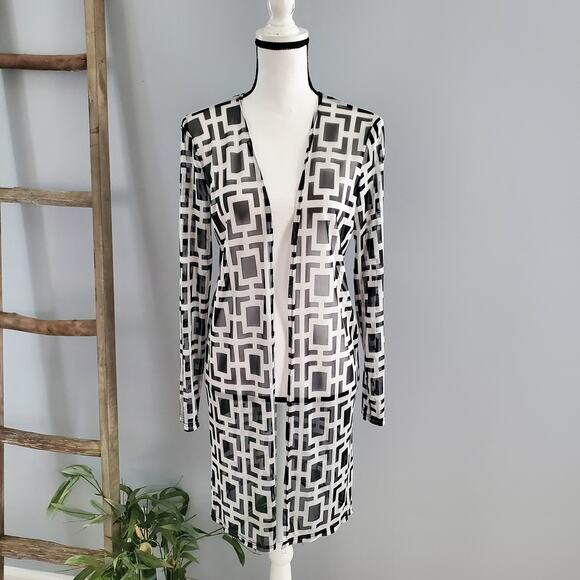 Beware Black & White Long Sleeve Sheer Graphic Open Top L - Picture 1 of 5